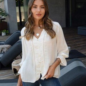 Lightweight Cream Button-Front Blouse with Lace Trim - Like New